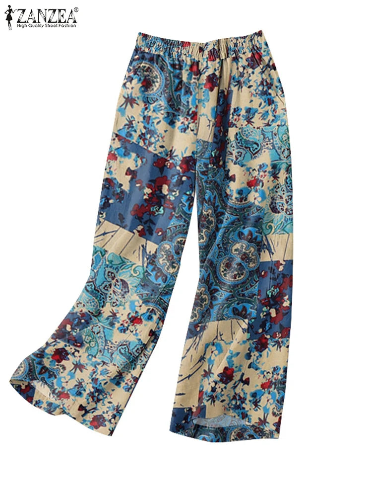 ZANZEA Woman Casual Wide Leg Pants Vintage Floral Paisley Printed Elastic Waist Trousers 2025 Spring Breathable Cotton Pantalon