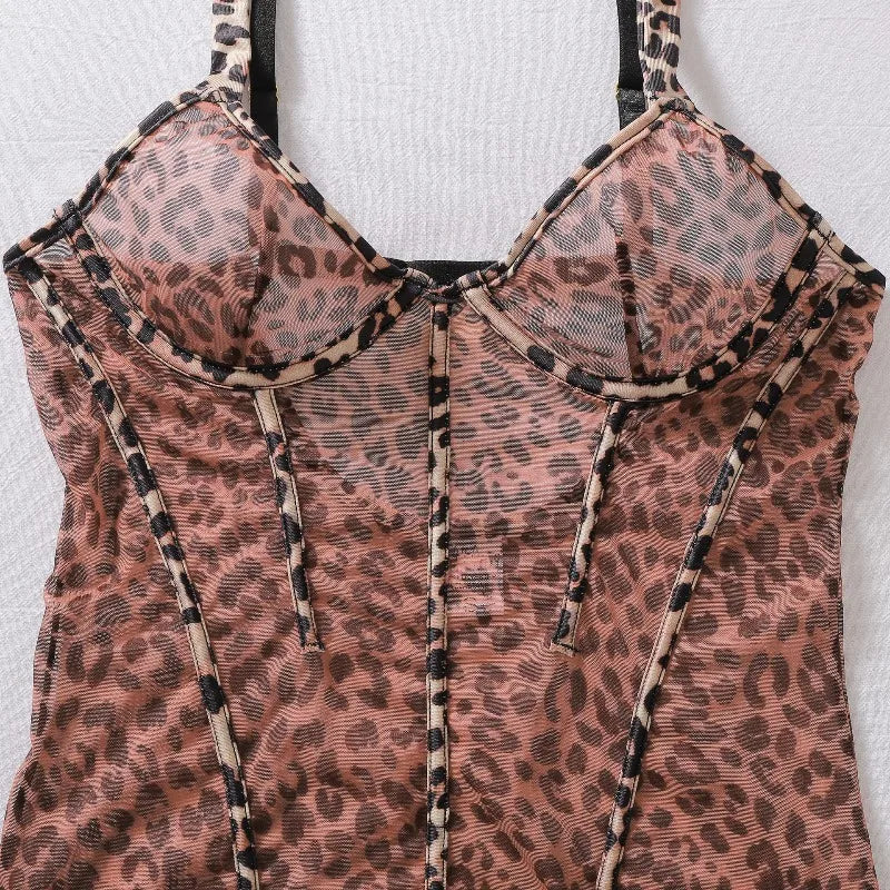 Toucheart Erotic Nightgown See-through Hot Girl Mesh Leopard Print Body-shaping Sexy Nightgown Suspender Cute Dress with Thong