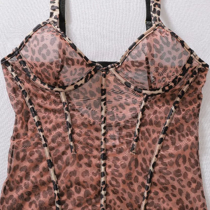 Toucheart Erotic Nightgown See-through Hot Girl Mesh Leopard Print Body-shaping Sexy Nightgown Suspender Cute Dress with Thong