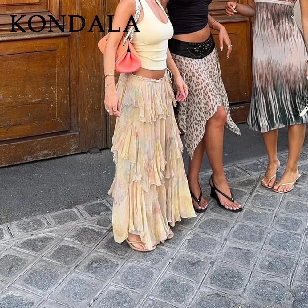 KONDALA 2026 Spring Summer Casual Women Print Skirts Fashion Elegant Tierred A Line Beach Style Chic Ladies Long Skirts