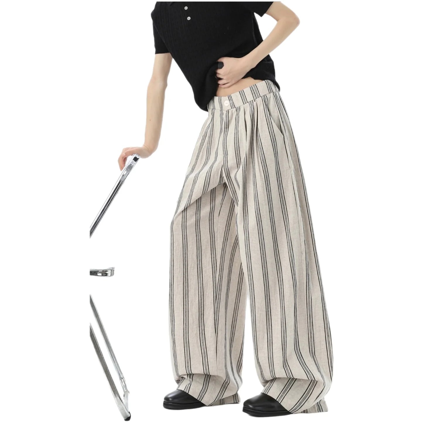 American Retro Striped Cotton Linen Wide Leg Casual Pants Men Summer New Color Collision Loose Match Slimming Floor-Length Pants