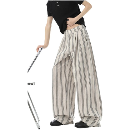 American Retro Striped Cotton Linen Wide Leg Casual Pants Men Summer New Color Collision Loose Match Slimming Floor-Length Pants