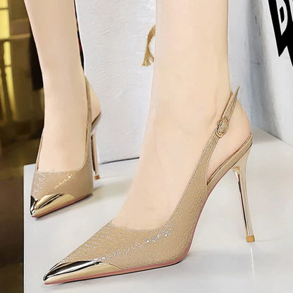Women 9.5 cm Heels Metal Pointed Tip Women Pumps Hollow Out Hook Strap High Heeled Sandals Women Summer Shoes Sexy Party Shoes