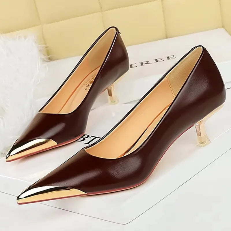 BIGTREE Shoes Retro High Heels Metal Pointed Tip Women Pumps Stiletto 9.5 Cm 4.5cm Heels Sexy Party Shoes Fashion Office Shoes