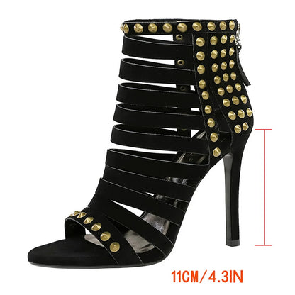 Retro Roman Sandals Women Shoes Rivet Design Heeled Sandals Rear Zipper Sexy High Heels Stiletto 11 cm Hollow Out Summer Shoes