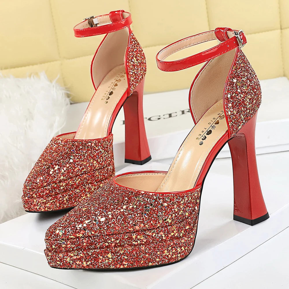 BIGTREE Shoes Sequin Women Pumps Double Layer Platform Heels Women Shoes Luxury Banquet Shoes High-heeled Sandals Summer Shoes