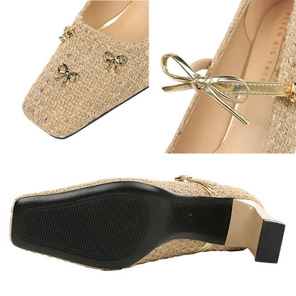 BIGTREE Shoes Woven Fabric Women Pumps Bowknot High Heels Square Head Ladies Shoes Chunky Heel Women Shoes Luxury Banquet Shoes