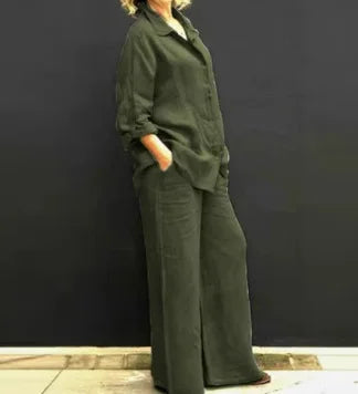 Spring and Summer Suit Women's Lapel Long-sleeved Loose Shirt High Waist Wide-leg Pants Casual Two-piece Set
