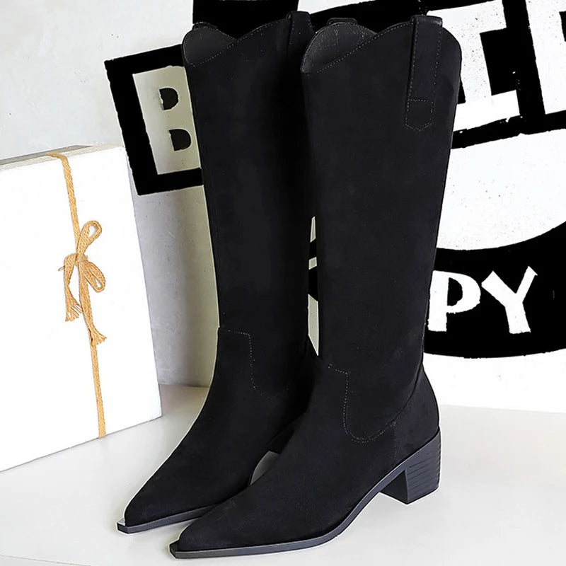 BIGTREE Shoes Women Knee-High Boots Autumn Winter Shoes High Boots Suede Middle Heel Pointed Tip Women Boots Botas Para Mujer