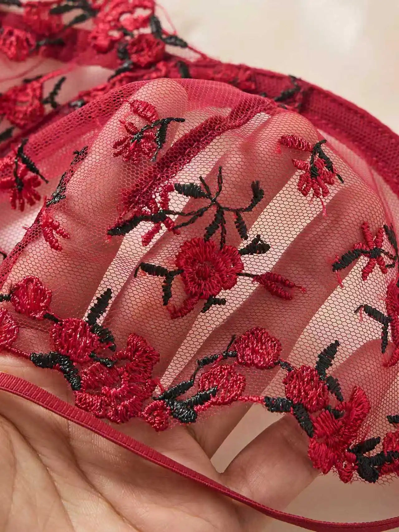 Women WineRed Floral Embroidery Lingerie Set Sheer Mesh Underwire Bra & Adjustable Thong 2‑Piece Intimate Underwear S‑XL