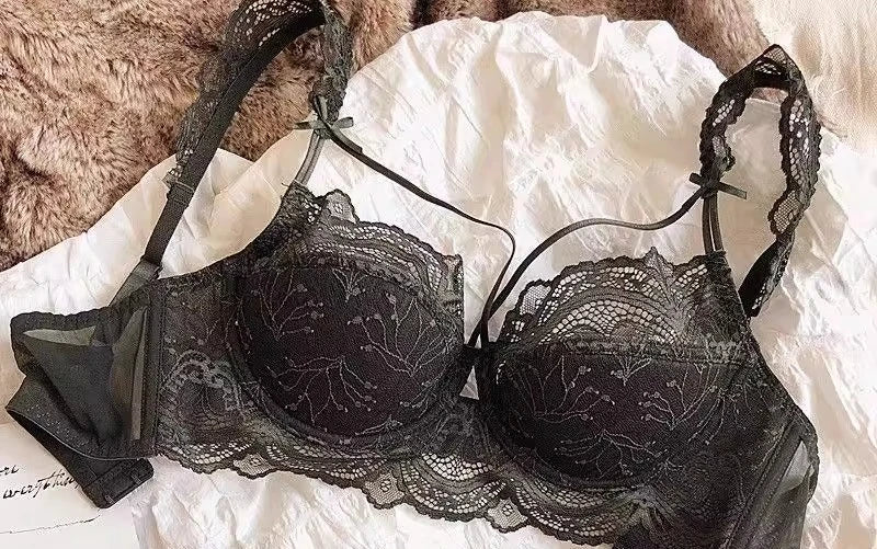 MOYISU Sexy French Lace Bralette Small Bust Cup Bra Set with Removable Straps & Push Up Pads, Soft Underwire Thin Girls Bra Top