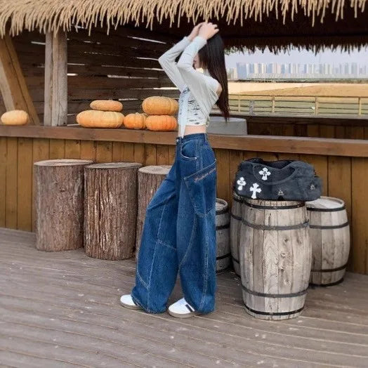 Spring Plus Size Women's Clothing High Waist Loose Fit Casual Wear Wide Leg Jeans Denim Straight Cut Full Length Pants