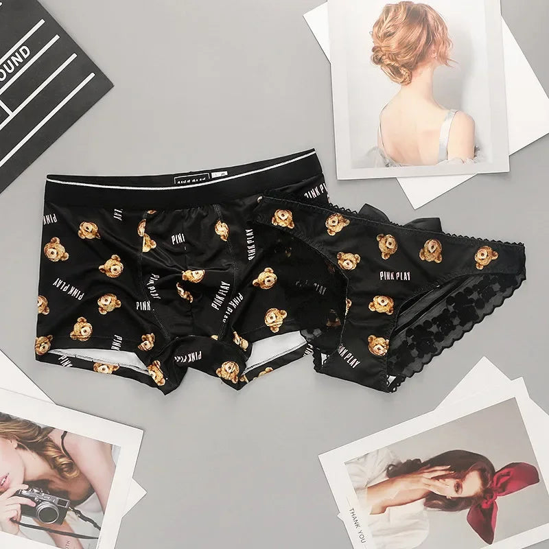 Couple Panties Set Sexy Lace Ice Silk Fabrics Underwear Men's Boxers Cartoon Bear Print Panties set Women's Briefs 1 PCS