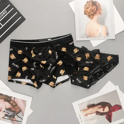 Couple Panties Set Sexy Lace Ice Silk Fabrics Underwear Men's Boxers Cartoon Bear Print Panties set Women's Briefs 1 PCS