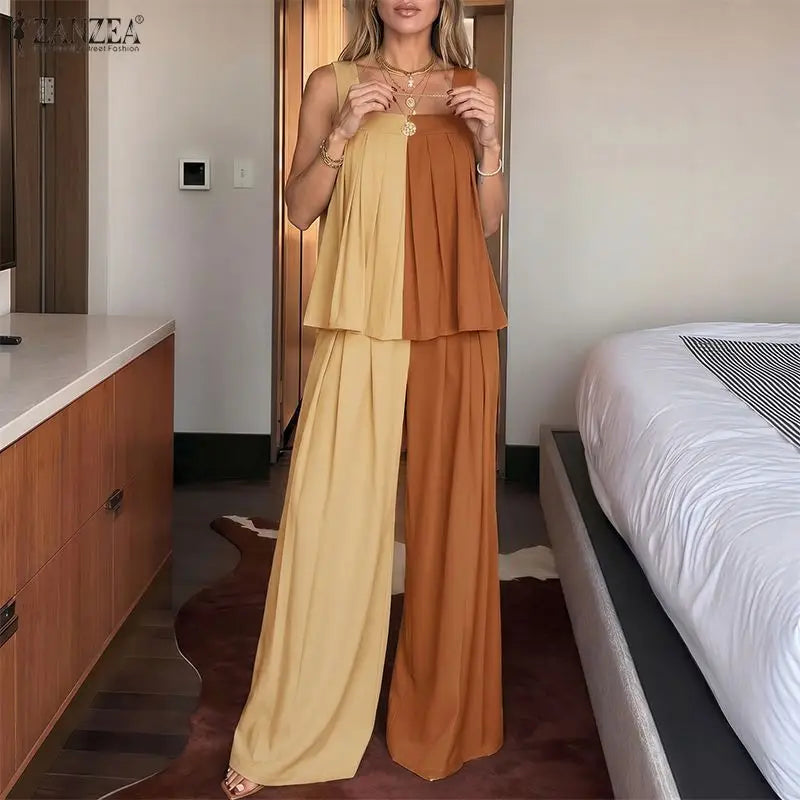 ZANZEA Women Streetwear 2 Piece Pant Sets Color-Blocked Tank Tops & Wide Leg Pants 2pcs Suits 2026 Summer Casual Chic Outfits