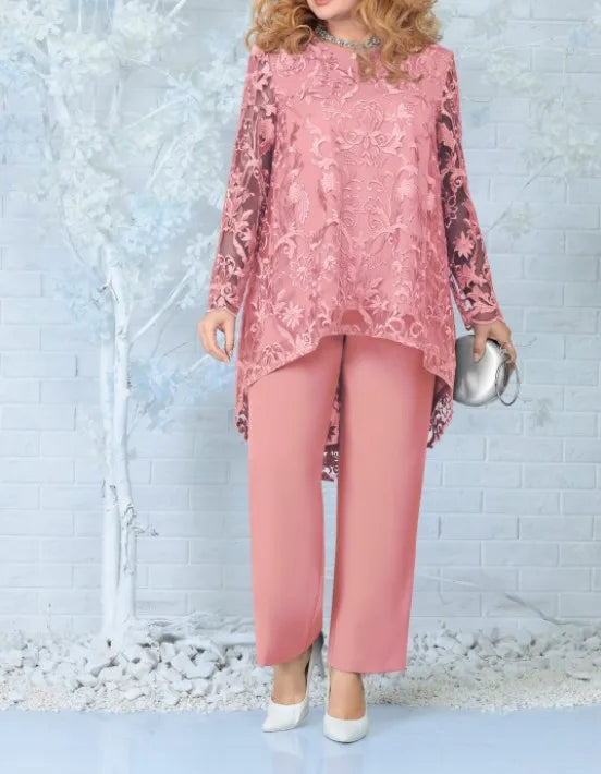 Women's Evening Dress Lace Embroidered Pants Two-piece Cocktail Dress Set Plus Size 2 Piece Set Women Summer