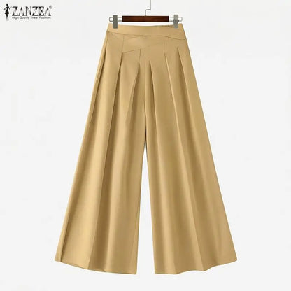 Elegant ZANZEA  Women Pants Summer Spring Wide Leg Pants Loose Thin Long Trousers OL Work Party Bottoms Streetwear Oversize