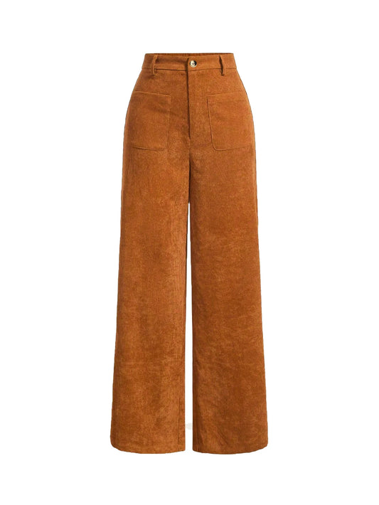 Women's Plain Pocket Button Front Wide Leg Pants, Casual High Waist Trousers for Daily Wear, Ladies Bottoms for All Seasons