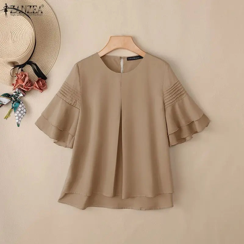 ZANZEA Women Blouse Elegant Ruffle Half Sleeve Casual Pleated O Neck Solid Loose OL Work Tunic Tops Blusas Streetwear Oversize