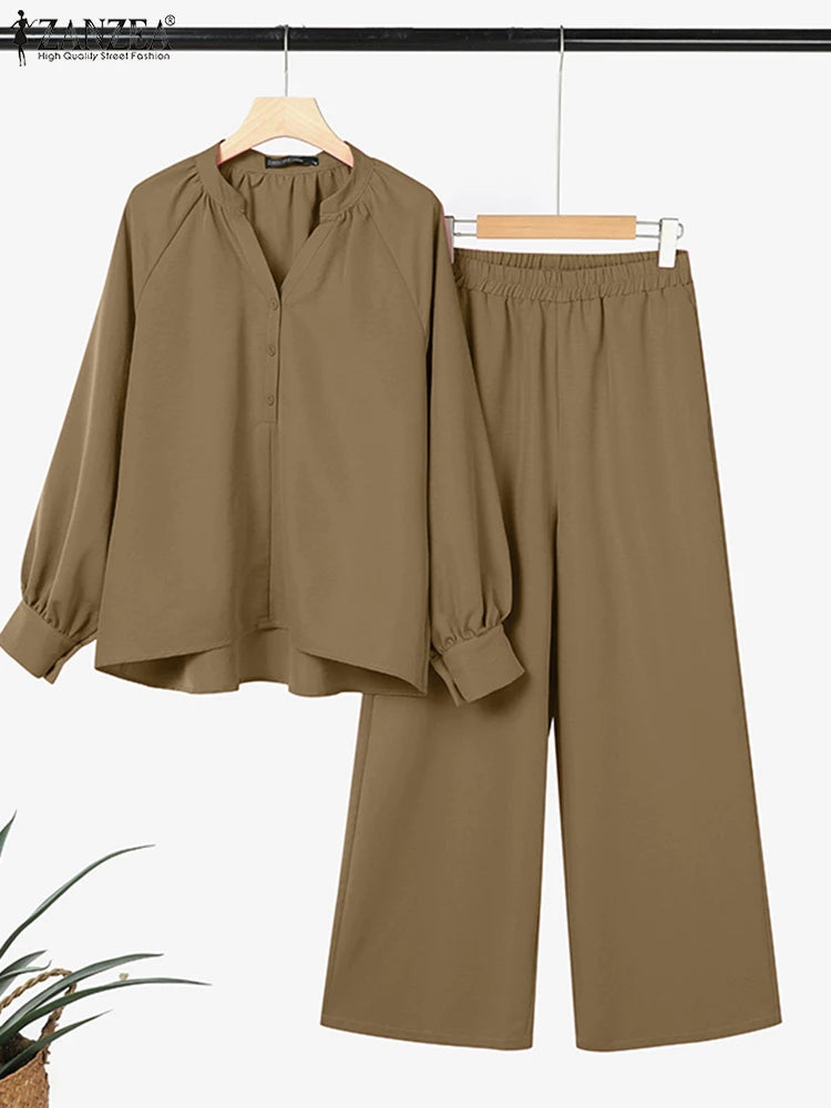 ZANZEA Spring Autumn 2PCS Outfits Women Solid Matching Sets Elegant Long Sleeve Blouse Pant Sets Casual Work OL Tracksuits 2025