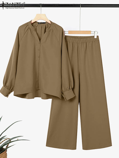 ZANZEA Spring Autumn 2PCS Outfits Women Solid Matching Sets Elegant Long Sleeve Blouse Pant Sets Casual Work OL Tracksuits 2025