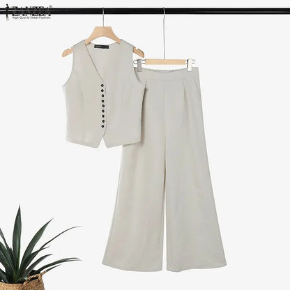 ZANZEA Women Elegant 2-Piece Matching Sets Sleeveless Vests & Wide Leg Pants 2pcs Pant Sets Summer Office Lady Work Suits Outfit