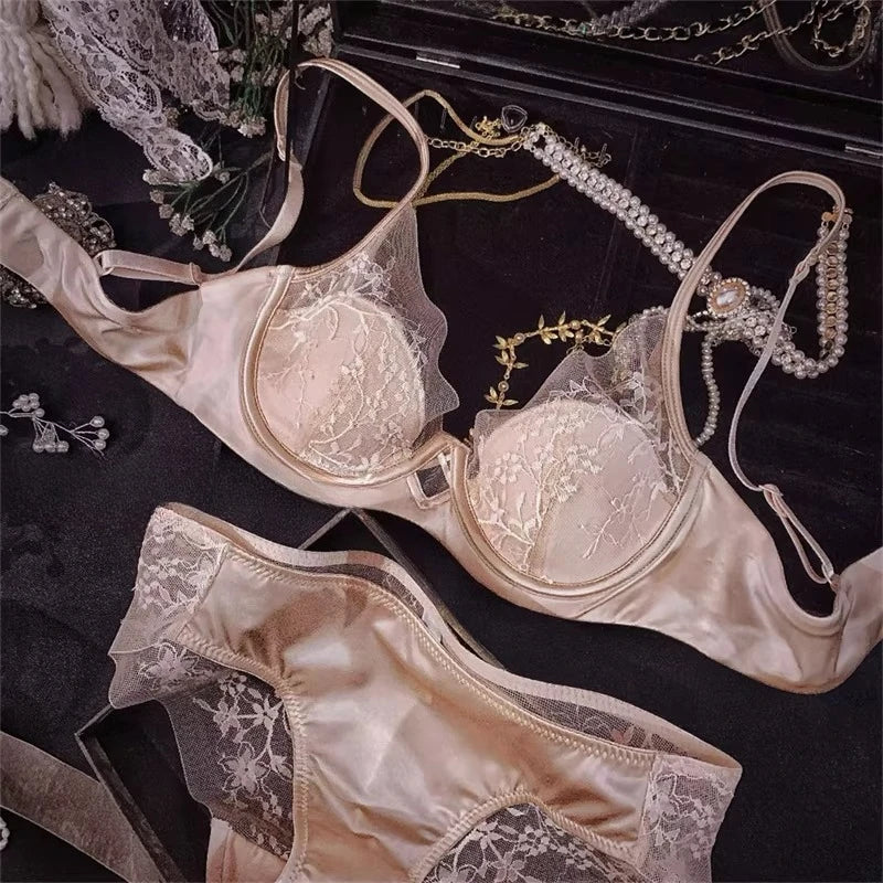 Summer Sexy Lace T-Shirt Bra Set Women Wirefree Lift Support Gathering Anti-Sagging Large Cup Slimming Daily Wear Intimates32-38