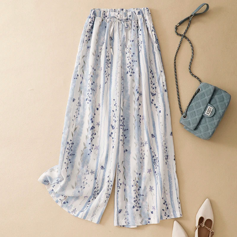 Casual Floral Print Wide Leg Pants High Waist Long Trousers Women's Spring Summer Vacation Style Comfortable Breathable Cotton