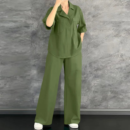ZANZEA Women's Casual Pant Sets 2026 Summer Loose Half Sleeve Collared Blouses and Wide Leg Pants 2pcs Suits Woman Outfit S-3XL