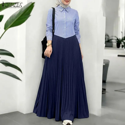 ZANZEA Women Patchwork Muslim Abaya Maxi Long Dress Elegant Casual Long Sleeve Pleated Sundress Loose Kaftan Ramadan Robe Femme