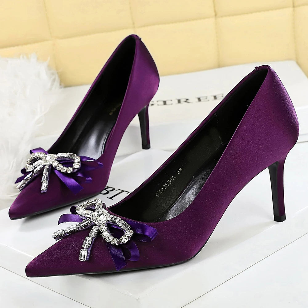 Luxury Women Pumps Rhinestone Bowknot High Heels Luxury Banquet Shoes Stiletto 7 cm 10 cm Heels Sexy Party Shoes Silks Satins