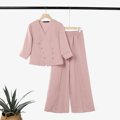 ZANZEA Fashion Women V Neck 3/4 Sleeve Blouse Wide Leg Trousers Two Pieces Pant Sets Casual OL Work Suit Solid Matching Sets