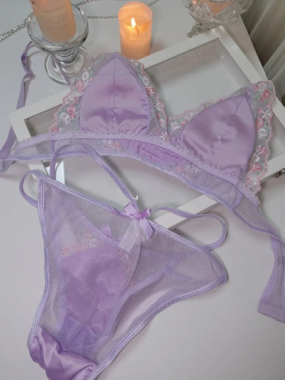 MOYISU Girls French Bra Thin Triangle Cup Purple Embroidery Light Luxury Silk Sexy Pure Desire Lace Underwear Set