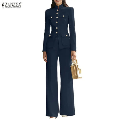 ZANZEA Women's Elegant Pant Suits Vintage Stand Collar Long Sleeve Top & Casual Pant 2 Pieces Sets Commuting Work Wear Outfits