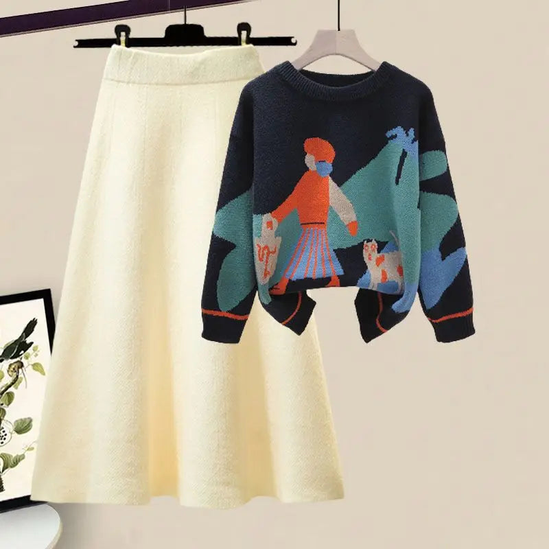 2024 Winter New Cartoon Printed Knitted Sweater Pullover Slim Fit Knitted Skirt Two Piece Elegant Women's Party Dress