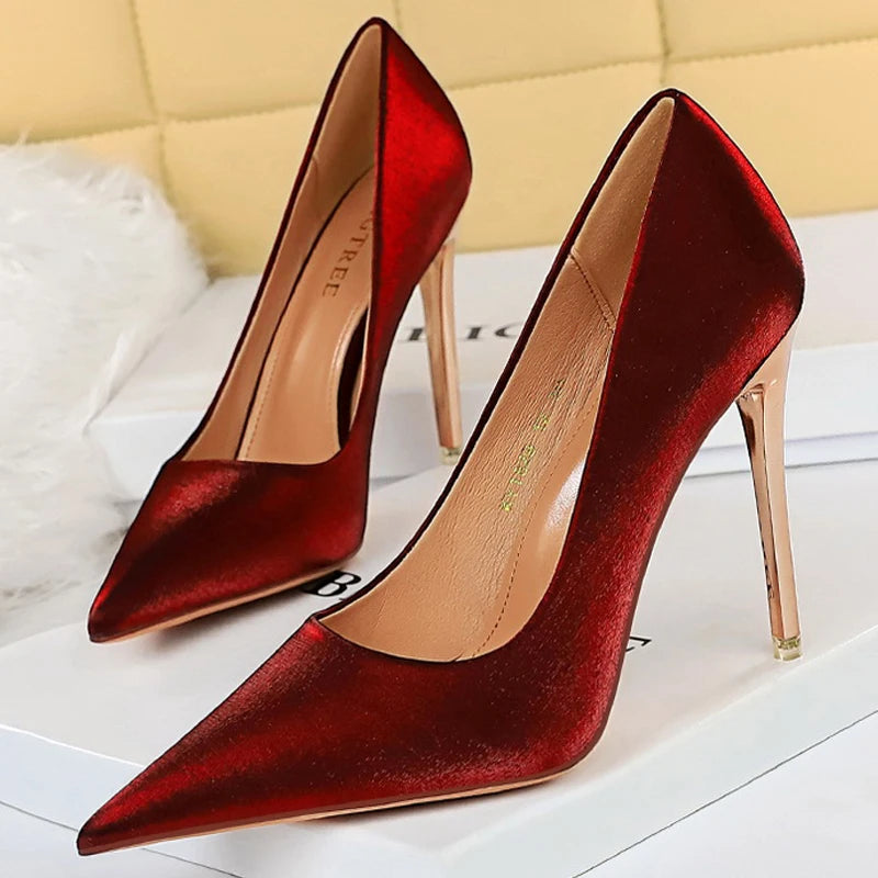 BIGTREE Shoes Women Pumps Metal Heeled Women Shoes Satin Pumps Women Heels Stiletto High Heels Wedding Shoes Women 10.5 cm Heels
