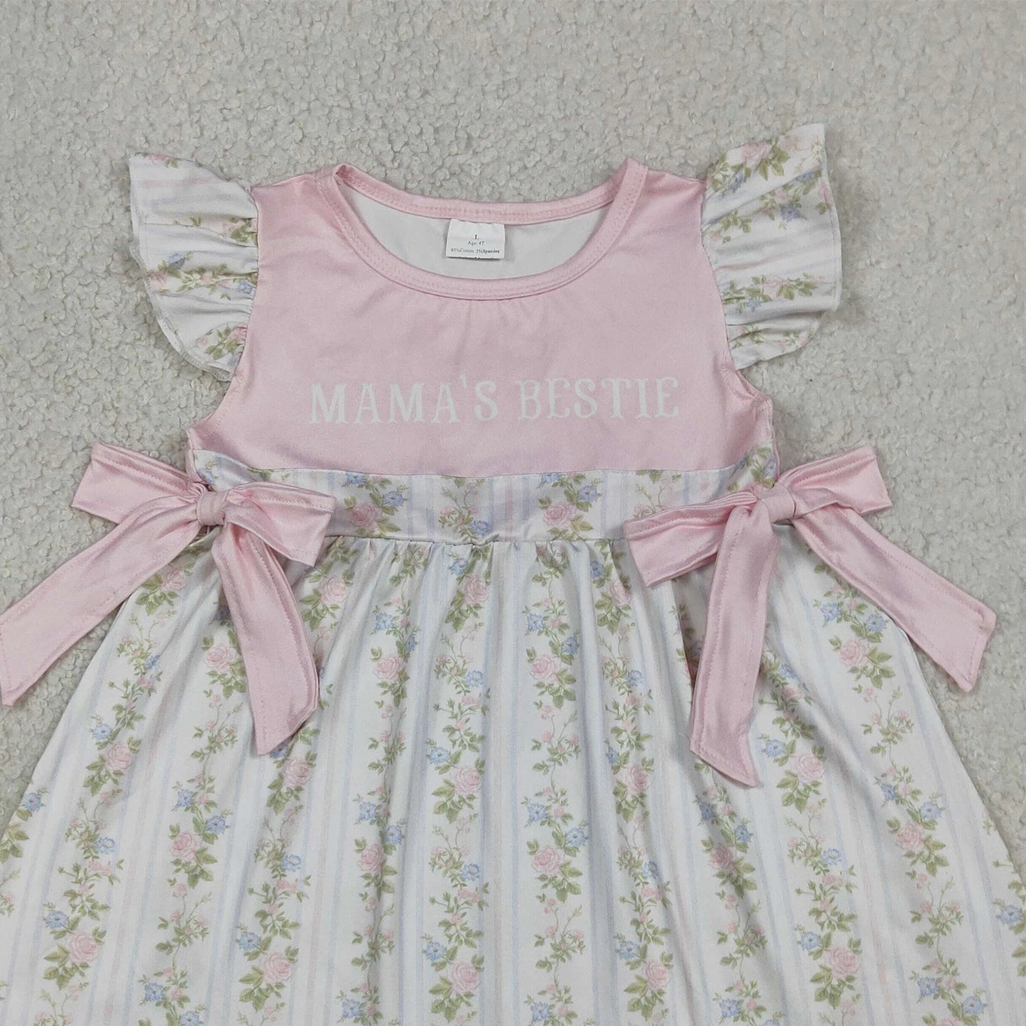 Toddler Baby Girls Mama's Bestie Flowers Stripe Scallop Knee Length Dresses Kids Summer Dress Infant Children Clothing Wholesale