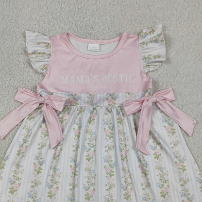 Toddler Baby Girls Mama's Bestie Flowers Stripe Scallop Knee Length Dresses Kids Summer Dress Infant Children Clothing Wholesale