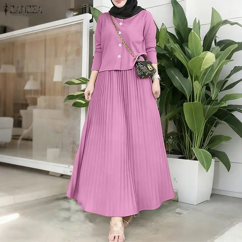 ZANZEA Elegant Muslim Sets Ramadan Outfits Women Autumn Long Sleeve Dress Suit Solid Shirt Long Skirt 2026 Spring Matching Sets
