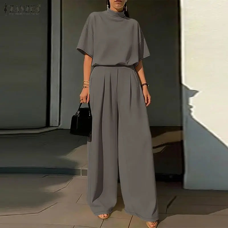 ZANZEA Women's Minimalist Pant Suits Wide Leg Pant & Mock Neck Half Sleeve Blouse 2 Pieces Sets Elegant Solid Pant Sets Outfits
