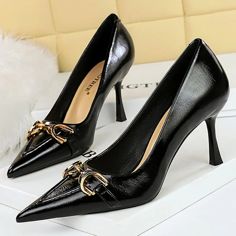 BIGTREE Shoes Metal Belt Buckle Decoration Women Pumps Retro High Heels Pointy-Toed Shoes Stiletto Heels 8 cm Luxury Pumps Lady
