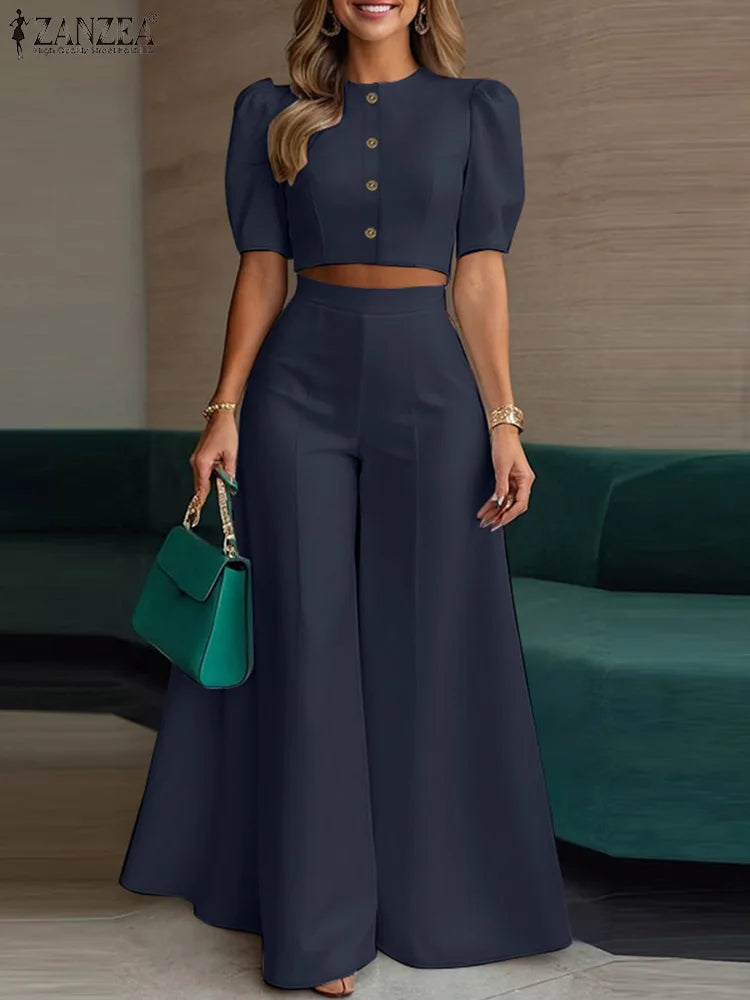 ZANZEA Women's Pant Sets 2 Piece Elegant Chic Short Crop Tops & Wide Leg Pants Two Piece Outfits Trouser Suits Woman Clothes 3XL