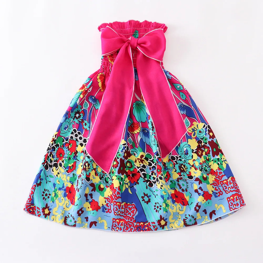 Summer Girls New Floral Dress Sling Ruffles Bohemian Beach Princess Dresses for Girl Clothing  2 6 8 12 Years With Necklace Gift
