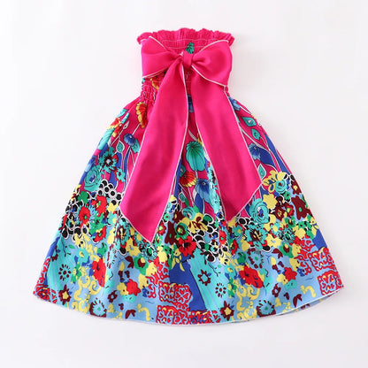 Summer Girls New Floral Dress Sling Ruffles Bohemian Beach Princess Dresses for Girl Clothing  2 6 8 12 Years With Necklace Gift