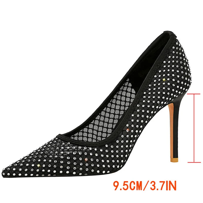 Luxury Rhinestone Mesh Women Pumps Fashion Dress Wedding Shoes High Heels Stilettos 9.5 CM Sexy Party Shoes New Ladies Pumps