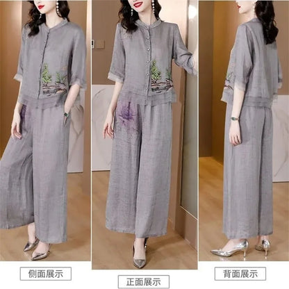 Grey Summer Art Embroidery Chinese Style Set Linen Western Style Summer Wide Leg Pants Casual Fashion Two piece Cotton Set XXXL