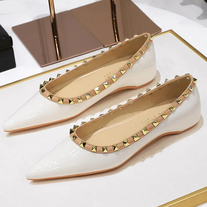 BIGTREE Shoes Lady Rivet Decoration Low Heeled Women Shoes Patent Leather Ladies Shoes Wedge Heels Pointed Tip Low Heel Female