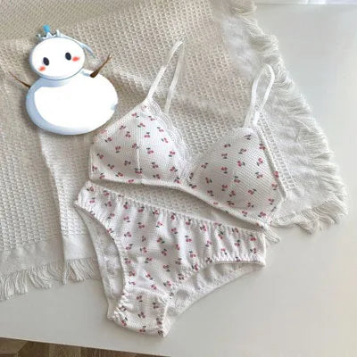 Japanese Sweet Lolita Bra&Panty Set Cherry Strawberry Print Wireless Comfort Bralette Anti Sagging AB Cup MOYISU 32-38-Sexy Bras