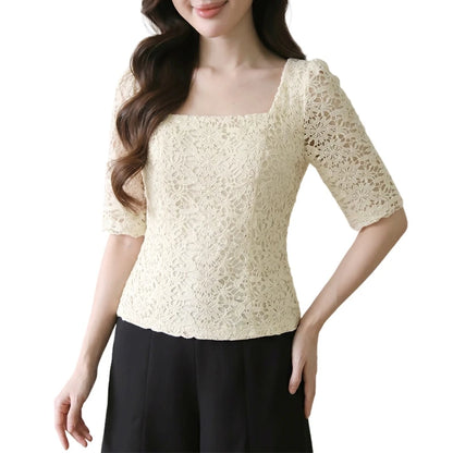 ZANZEA Women Classy Elegant Lace Patchwork Blouses Square Neck Half Sleeve Side Zipper Fitted Short Tops Summer Blusas de Mujer