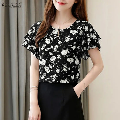 ZANZEA Summer Short Sleeve Tops Fashion Ruffles Women Blouses Floral Print Blouse Tee Streetwear OL Work Party Blusas Tunic 3XL
